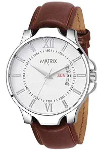 Matrix Antique Day & Date Leather Strap Analog Silicone Watch For Men & Boys - Black