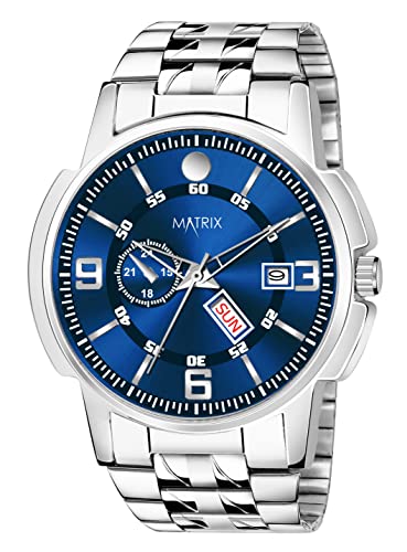 Matrix Black, Blue, White Dial, Day & Date Functioning, Stainless Steel Strap Analog Watch for Men & Women