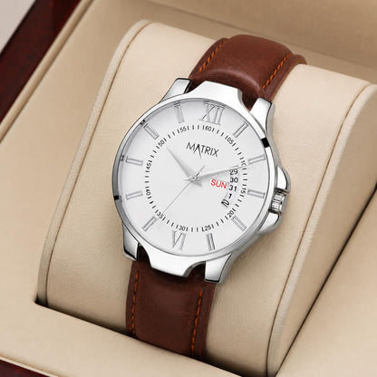 Matrix Antique Day & Date Leather Strap Analog Silicone Watch For Men & Boys - Black