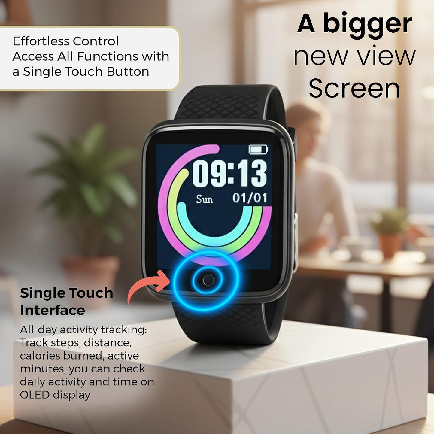 Bouncefit M I D116 Fitness Band Smart Watch for Men, Women, Boys, Girls, Kids – Single Touch Interface, Water Resistant, Workout Modes, Quick Charge Sports Smartwatch – Black I