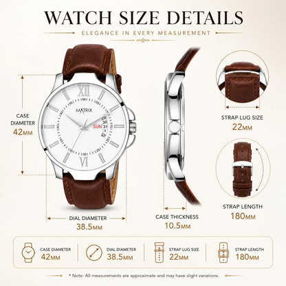 Matrix Antique Day & Date Leather Strap Analog Silicone Watch For Men & Boys - Black