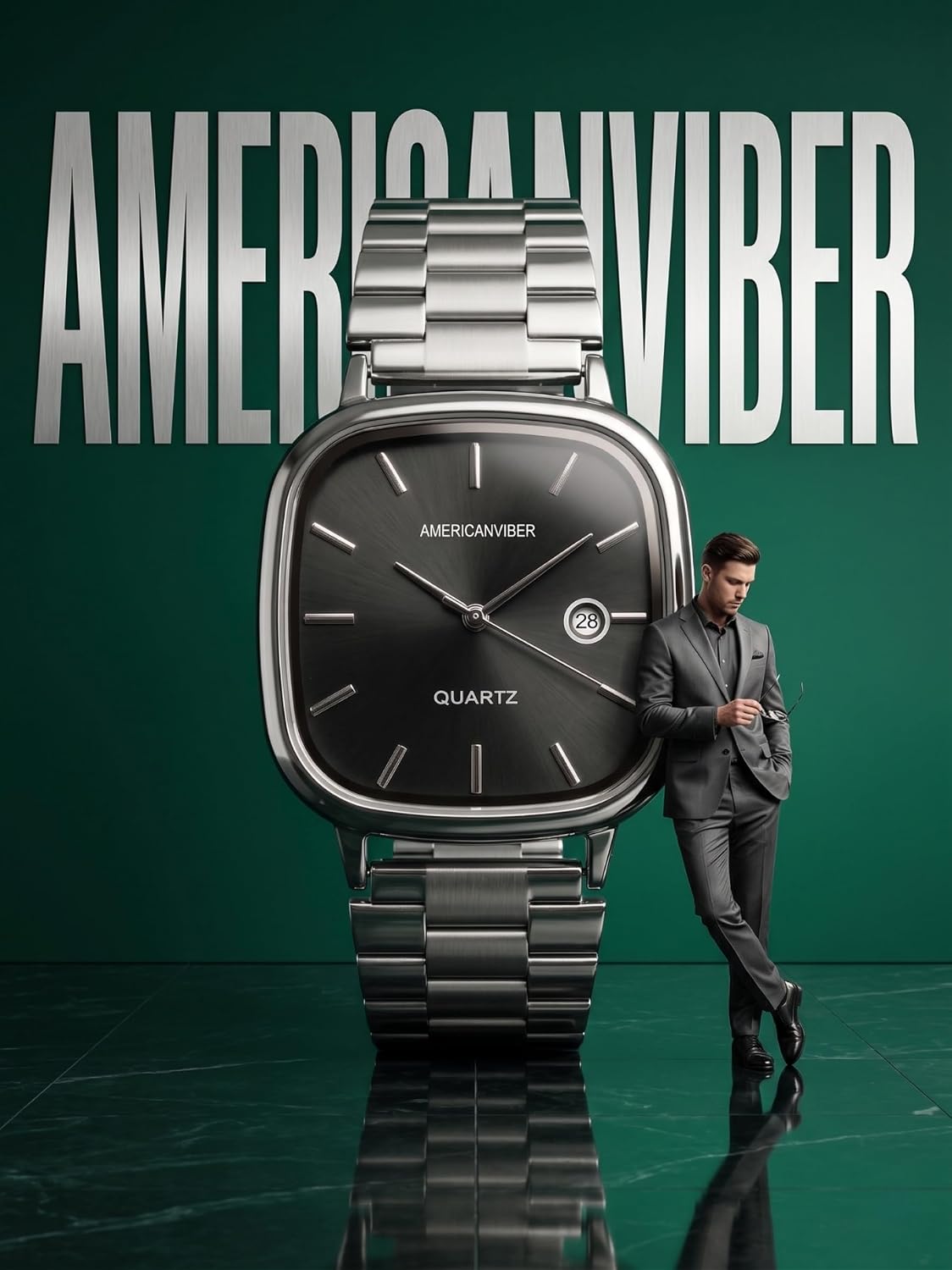AMERICANVIBER Men's Silver, Watch with Stainless Steel Band | Water-Resistant Analog Dress & Casual Wristwatch