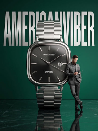 AMERICANVIBER Men's Silver, Watch with Stainless Steel Band | Water-Resistant Analog Dress & Casual Wristwatch