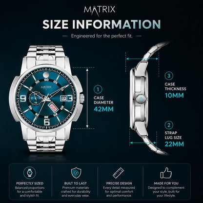 Matrix Black, Blue, White Dial, Day & Date Functioning, Stainless Steel Strap Analog Watch for Men & Women