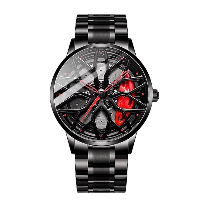 GOLDENIZE FASHION Branded Men's Sport Quartz Watch Car Wheel Multicolour Dial Wheel Dial 360 Rotating Casual Fashion Stainless Steel Alloy Mens &Boy's Luxury Metal Gift Creative Watch
