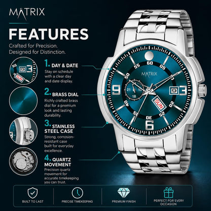 Matrix Black, Blue, White Dial, Day & Date Functioning, Stainless Steel Strap Analog Watch for Men & Women