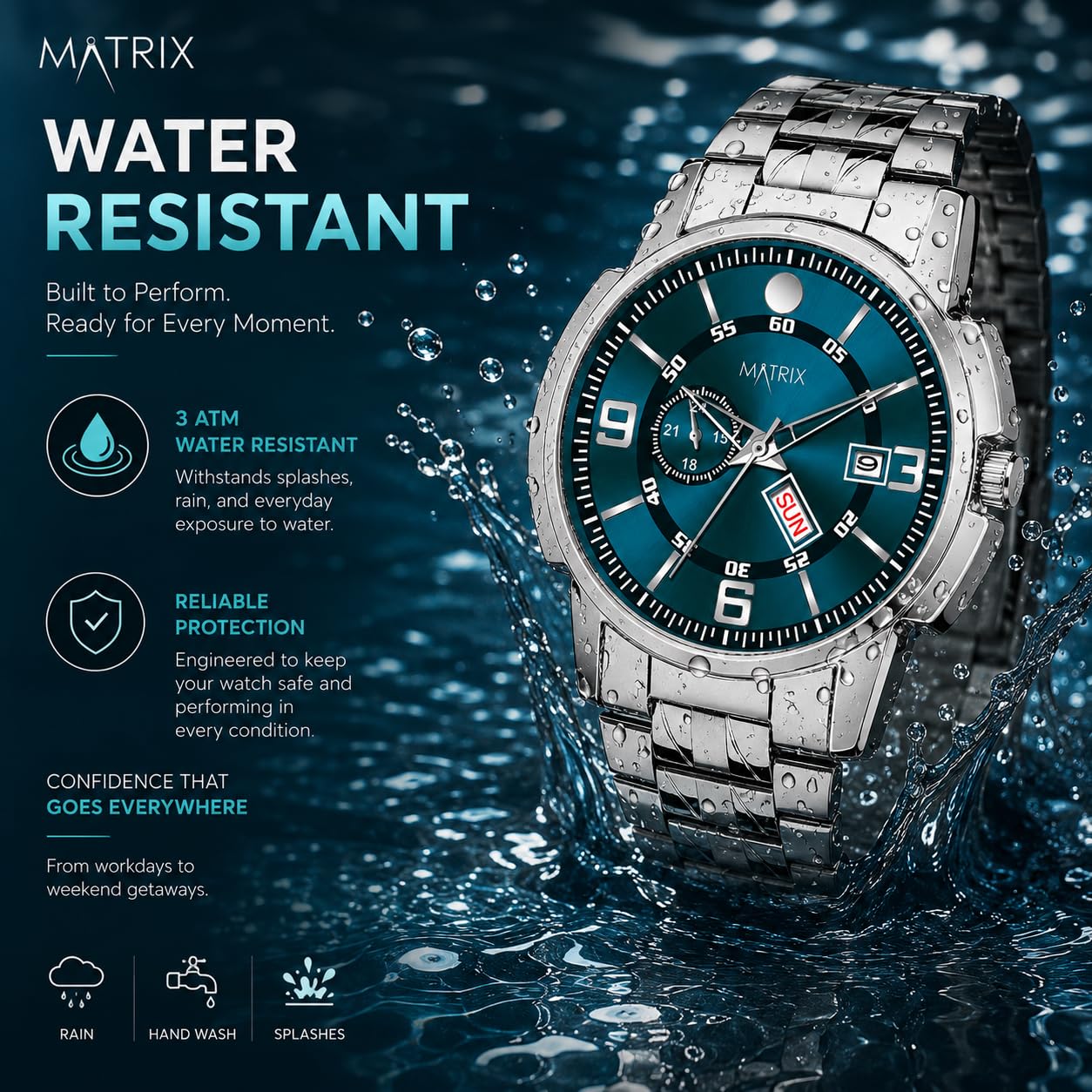 Matrix Black, Blue, White Dial, Day & Date Functioning, Stainless Steel Strap Analog Watch for Men & Women