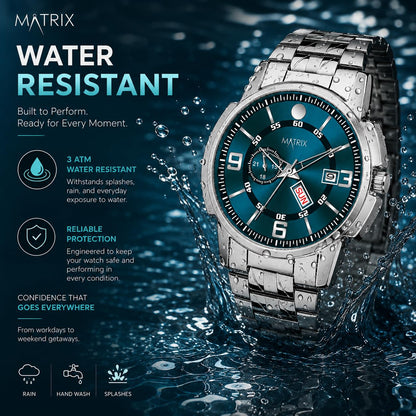Matrix Black, Blue, White Dial, Day & Date Functioning, Stainless Steel Strap Analog Watch for Men & Women