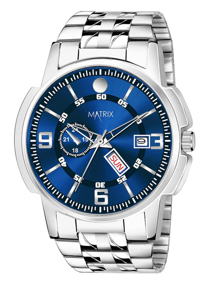 Matrix Black, Blue, White Dial, Day & Date Functioning, Stainless Steel Strap Analog Watch for Men & Women